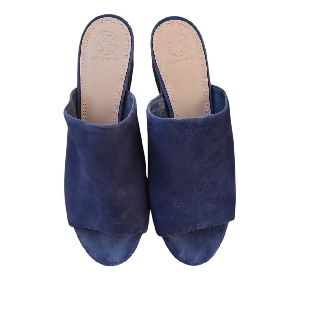 Tory Burch Navy Suede Peep Toe Mules